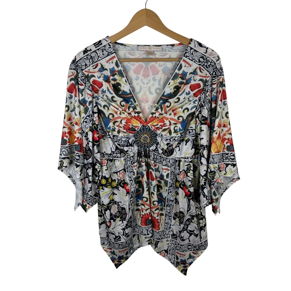 Boston Proper Floral Scarf Print Beaded Tunic Top Medium Multicolor Festival Y2K